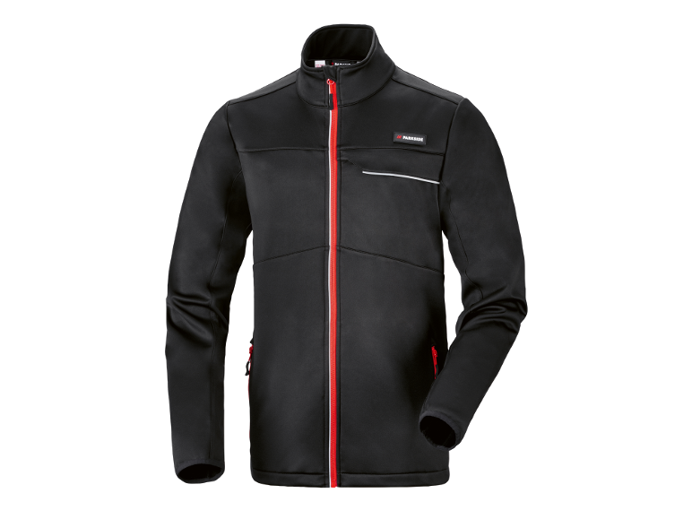 Crna softshell jakna sa crvenim rajsferšlusom i belim detaljima.