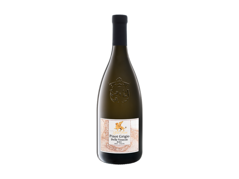 Boca belog vina Pinot Grigio delle Venezie DOC sa etiketom u stilu stare mape.