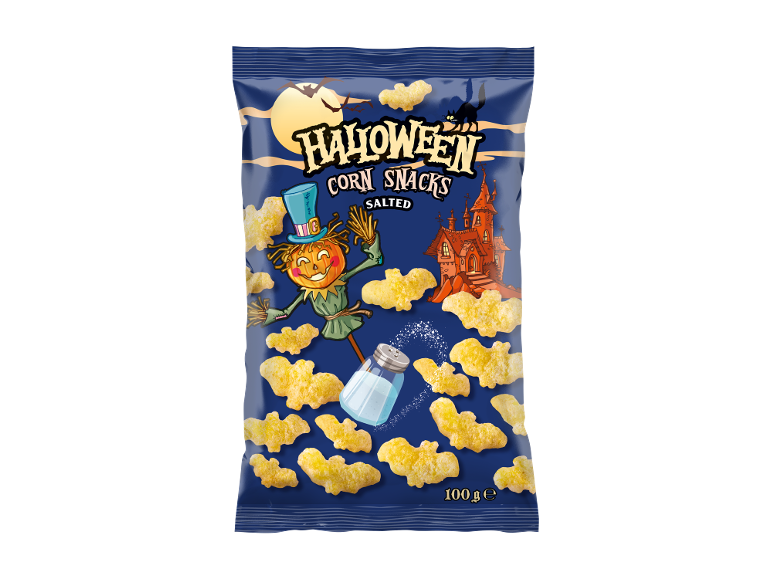 Pakovanje slanih kukuruznih grickalica u obliku slepih miševa, sa temom Noći veštica.