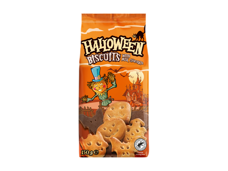 Narandžasta kesa Halloweenskih keksa sa mlečnom čokoladom, sa strašilom i ukletom kućom.