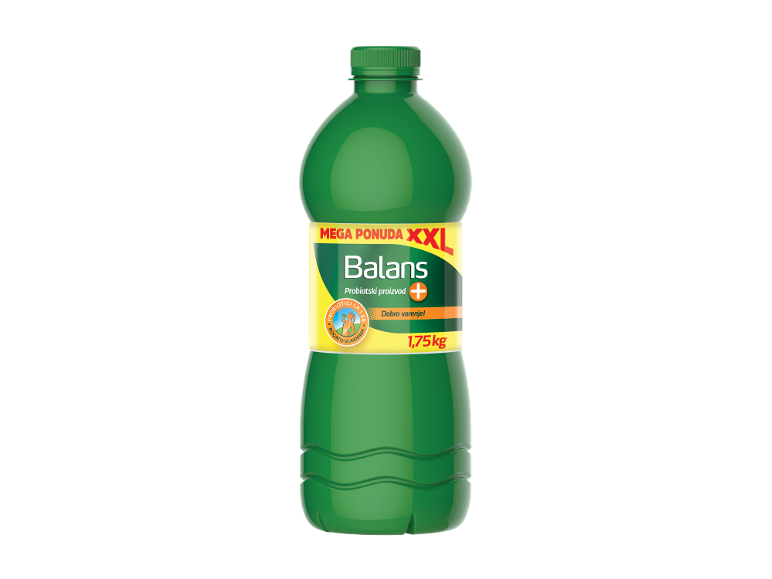 Zelena flaša sa etiketom „MEGA PONUDA XXL“, „Balans“, „Probiotski proizvod“, „1,75kg“.