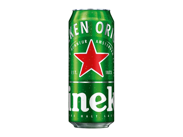 Zelena limenka piva sa crvenom zvezdom i kapljicama vode, na beloj pozadini.