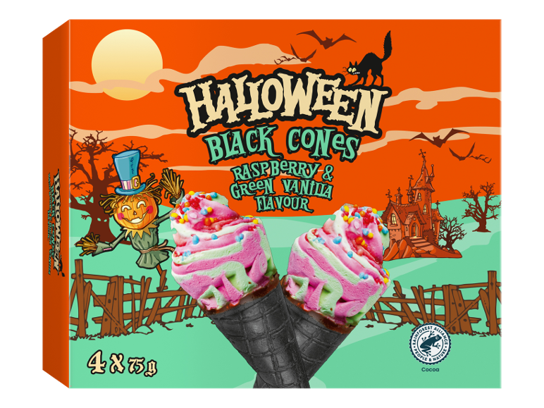Pakovanje sladoleda Halloween Black Cones sa ukusom maline i zelene vanile.