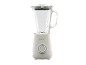 Beli blender sa staklenom posudom, poklopcem i ručkom, sa kontrolnim dugmetom na bazi.