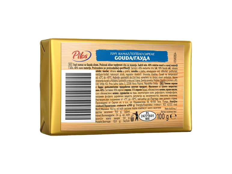 Gauda topljeni sir u zlatnom pakovanju, sa nutritivnim informacijama.