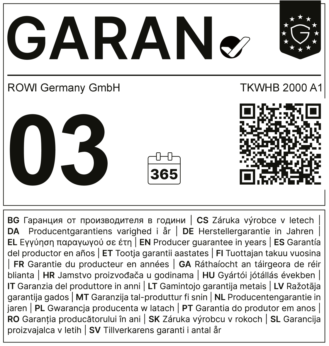 Pečat garancije proizvođača za 3 godine i 365 dana, sa QR kodom i brojem modela TKWHB 2000 A1.
