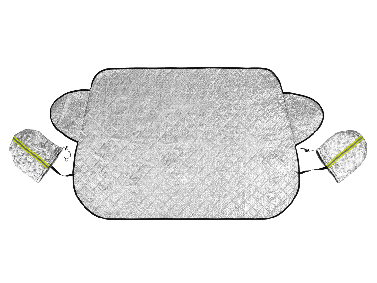 Srebrna prošivena navlaka za vetrobransko staklo automobila sa navlakama za bočne retrovizore i reflektujućim trakama.