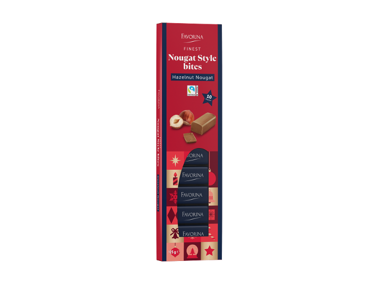 Kutija zalogaja nugata od lešnika, 10 komada, 125g, sa božićnim motivima.