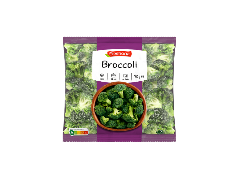 Kesica smrznutog brokolija sa Nutri-Score A, uputstvima za kuvanje i težinom od 450g.
