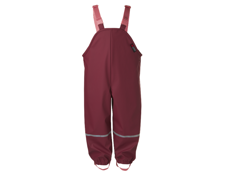 Bordo kišne pantalone sa ružičastim tregerima i reflektujućim detaljima.