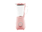Ružičasti blender sa staklenom posudom, odgovarajućim poklopcem i bazom, sa srebrnim kontrolnim točkićem.