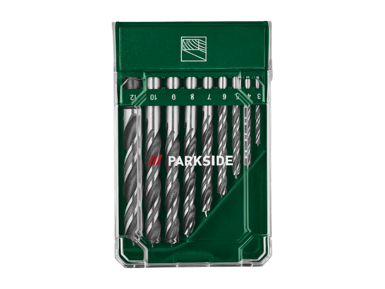 Set burgija za drvo u zelenoj kutiji, veličine od 3 do 12 mm.
