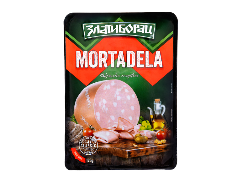 Pakovanje mortadele sa narezanim i celim komadom, servirano sa uljem, paradajzom i kiselim krastavcima, 125g.