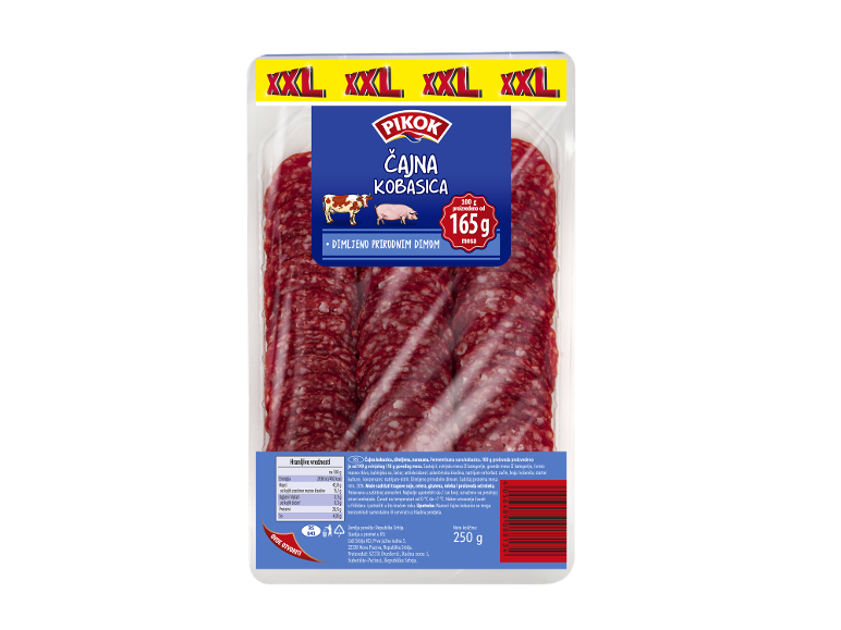 Pakovanje narezane čajne kobasice, dimljene prirodnim dimom, sa nutritivnim vrednostima i informacijama o proizvodu.