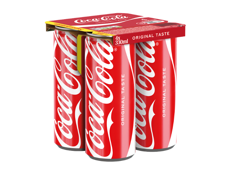 Pakovanje od četiri crvene limenke gaziranog pića od 330 ml, sa natpisom „ORIGINAL TASTE“.