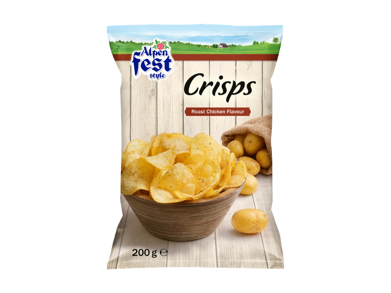 Kesica čipsa sa ukusom pečenog pileta, sa činijom čipsa i svežim krompirom.