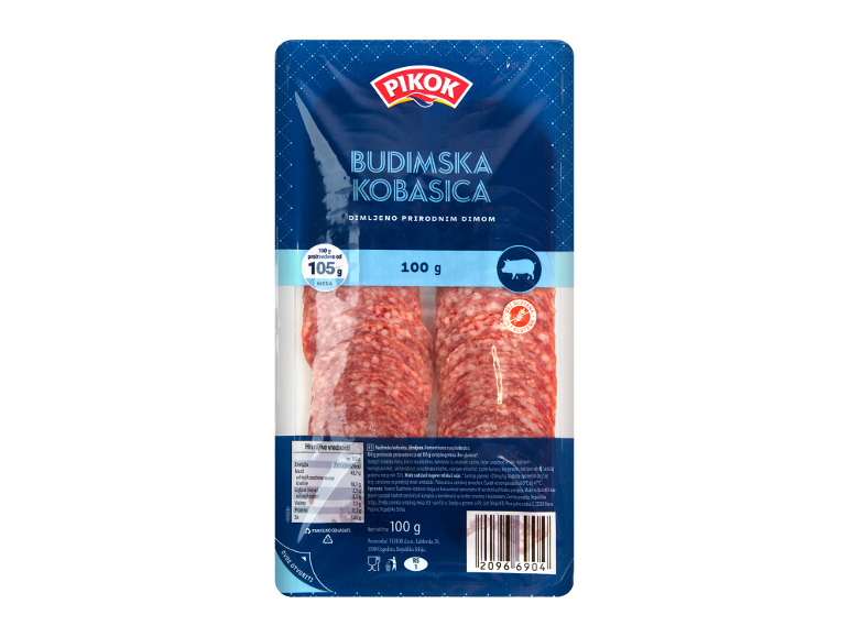 Pakovanje narezane dimljene budimske kobasice, 100g, sa nutritivnim informacijama.