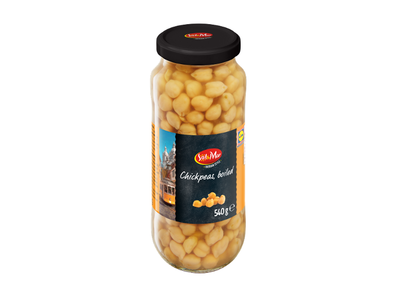 Leblebije u staklenoj tegli, sa etiketom na kojoj je tramvaj iz Lisabona i natpis „Chickpeas, boiled“.
