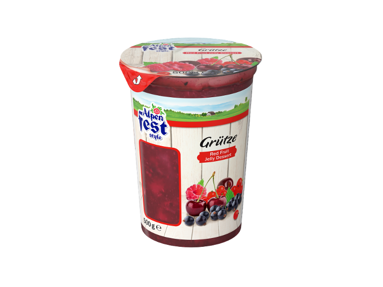Desert od crvenog voćnog želea u čaši od 500g sa rustičnim dizajnom.