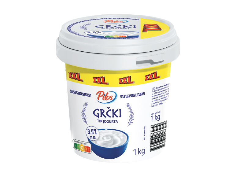 Pilos grčki jogurt 9,9% masti, 1 kg, sa Nutri-Score oznakom.