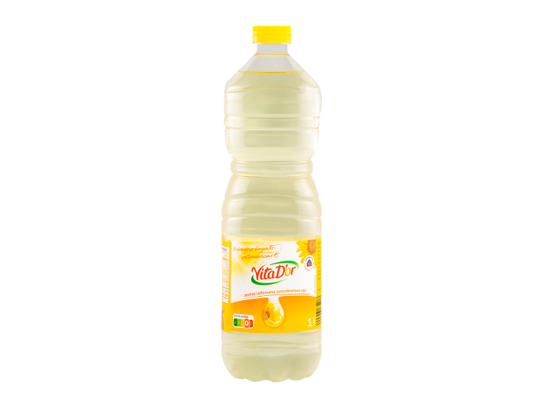 Suncokretovo ulje u boci od 1 litra, obogaćeno vitaminom E, sa Nutri-Score oznakom.