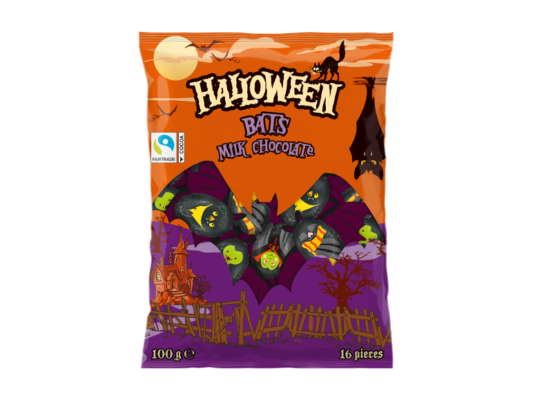 Noć veštica mlečna čokolada slepi miševi u kesici, 100g, 16 komada, Fairtrade kakao.