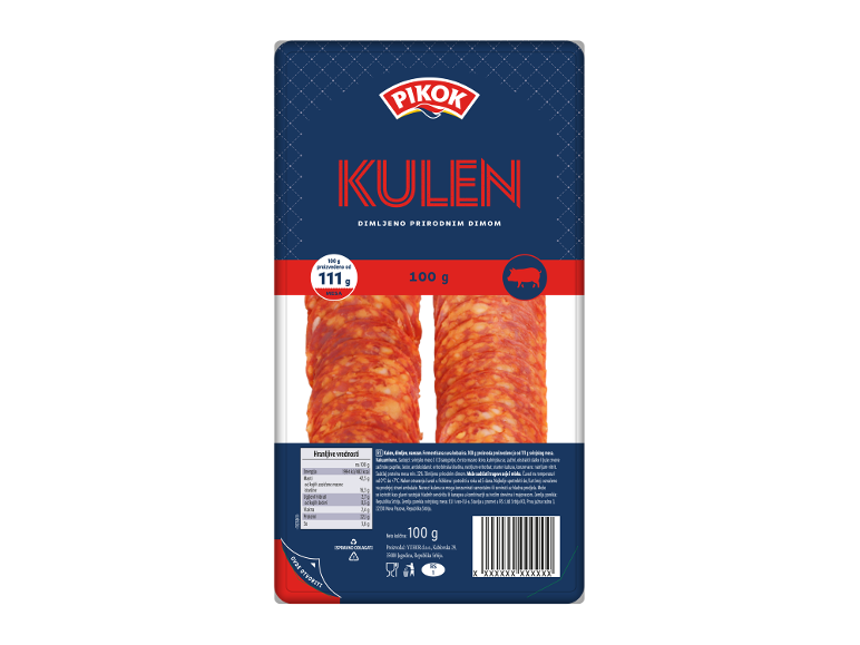 Pakovanje narezanog dimljenog kulena sa nutritivnim vrednostima i sastojcima.