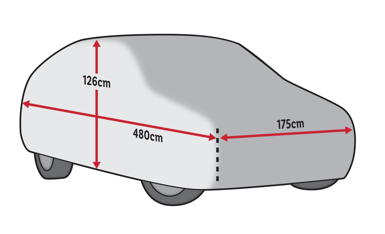 Dimenzije navlake za automobil: 126cm visina, 480cm dužina, 175cm širina.