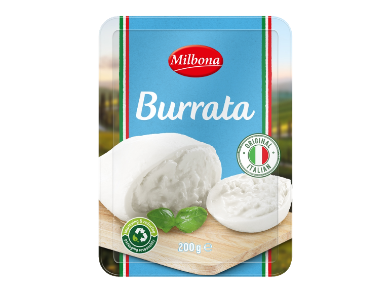 Milbona Burrata, 200g, sa bosiljkom, na drvenoj dasci, sa natpisom „Original Italian“.
