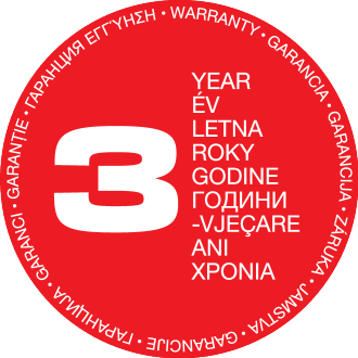 Црвени печат са бројем „3” и текстом „YEAR” и „ГАРАНЦИЈА” на више језика.