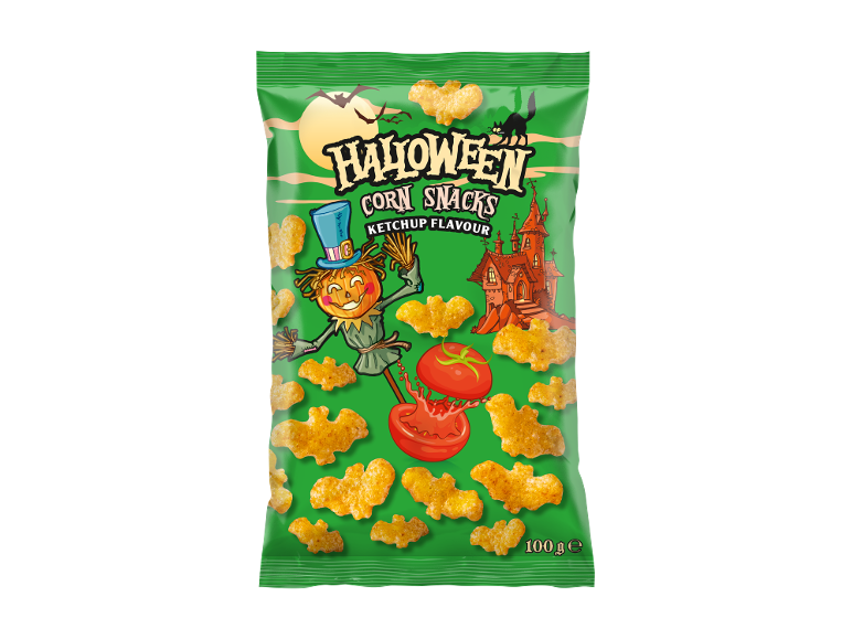 Halloweenske kukuruzne grickalice, ukus kečapa, sa dizajnom strašila i uklete kuće.