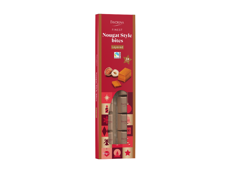 Kutija slojevitih zalogaja u stilu nugata, sa lešnicima i karamelom, 125g.
