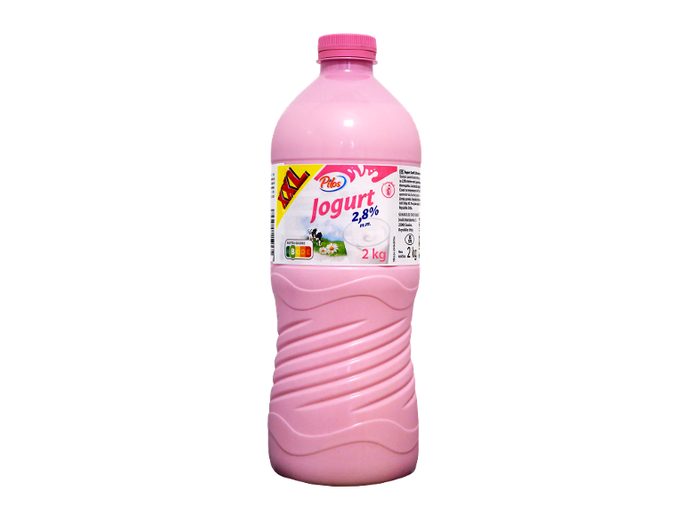 Ružičasta boca jogurta sa 2,8% masti, 2 kg, sa Nutri-Score oznakom.