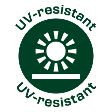 Тамнозелени округли лого са белим сунцем и текстом „UV-resistant“ на врху и дну.