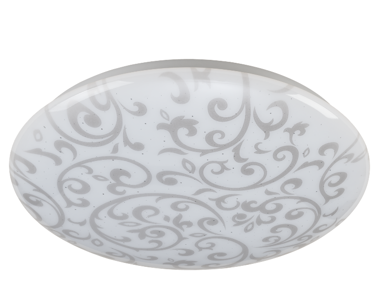 Plafonska lampa sa belim abažurom i sivim cvetnim dezenom.