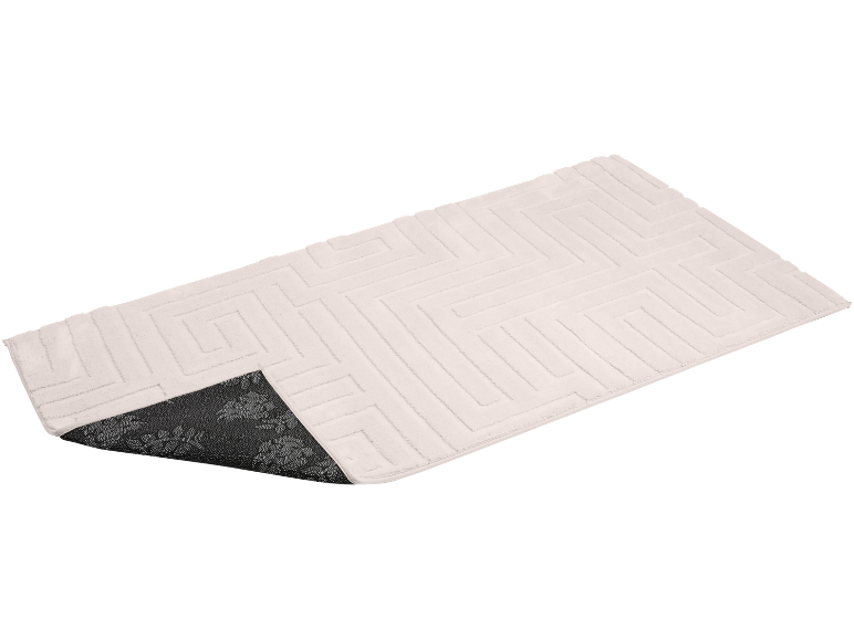 Beli tepih za kupatilo sa geometrijskim cik-cak uzorkom i neklizajućom poleđinom sa cvetnim printom.