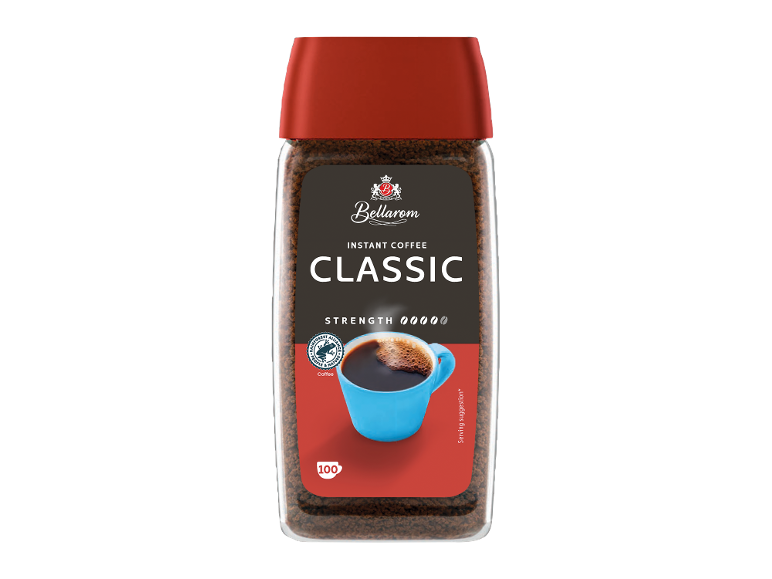 Tegla instant kafe, klasične jačine, sa plavom šoljom kafe i logom Rainforest Alliance.
