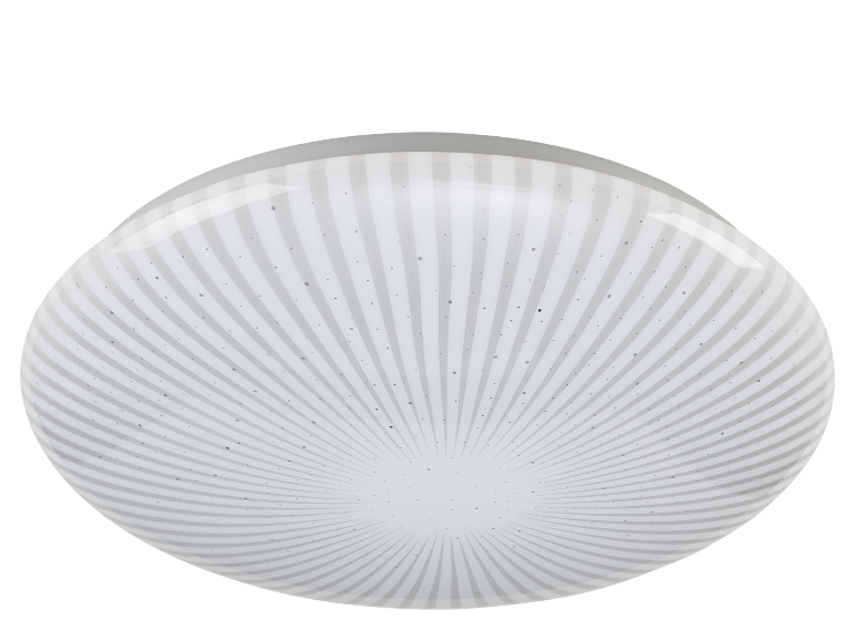 Okrugla plafonska lampa sa belim kućištem i prugastim uzorkom zraka.