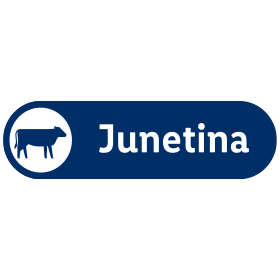 Plava oznaka sa siluetom krave i rečju Junetina.