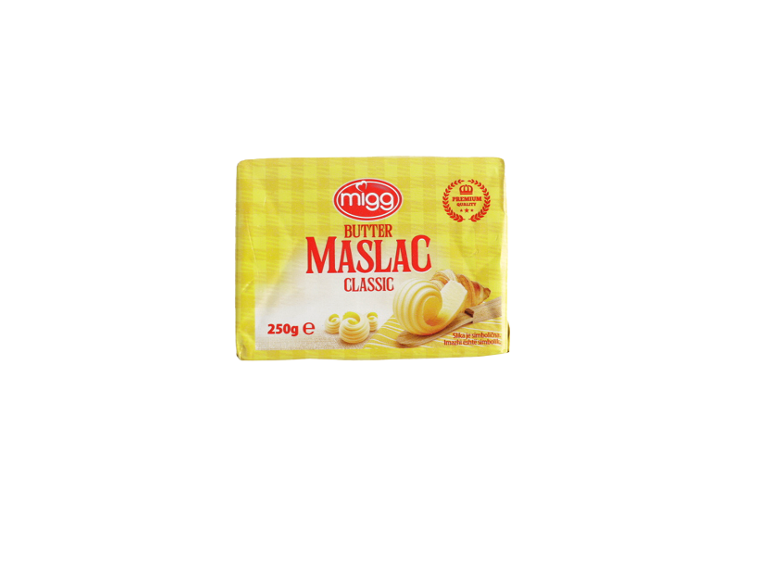 Жуто паковање путера са текстом „BUTTER MASLAC CLASSIC“ и 250г.