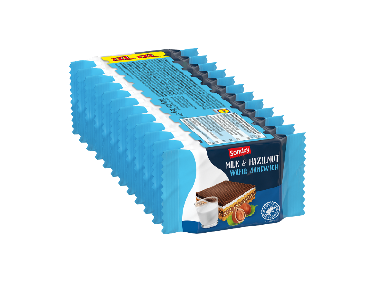 Gomila sendviča od vafla sa mlekom i lešnikom sa oznakom XXL.