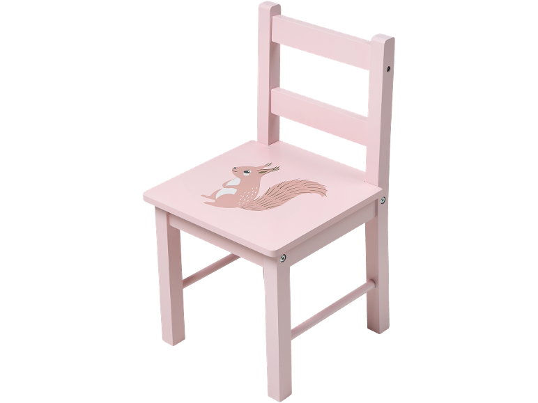 Ružičasta drvena dečija stolica sa ilustracijom veverice na sedištu.