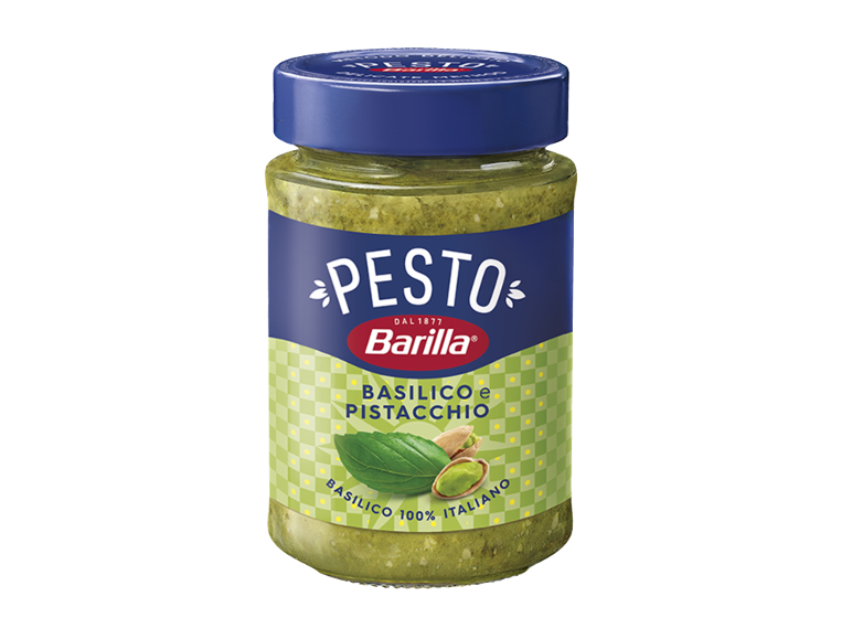 Barilla Pesto Basilico e Pistacchio sos u staklenoj teglici.