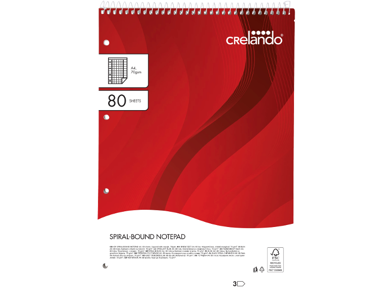 Crvena spiralna sveska A4 formata sa 80 listova, karirana sa marginom, 70 gsm.