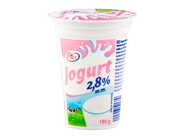 Čaša jogurta sa 2,8% mlečne masti, sa kravom na polju i tekstom na srpskom.