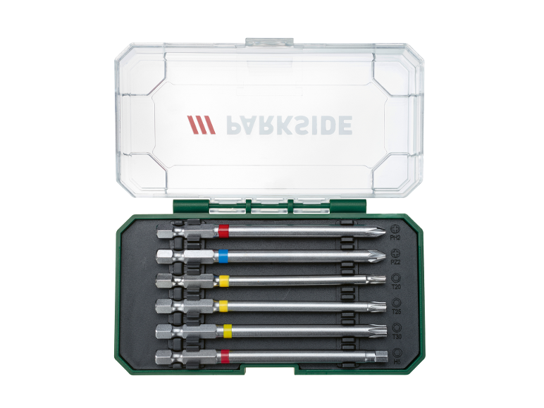 Set bitova za odvijač u providnoj kutiji, sa bitovima PH2, PZ2, T20, T25, T30 i H5.