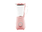 Roze blender sa staklenim bokalom, odgovarajućim poklopcem i bazom, sa srebrnim kontrolnim točkićem.