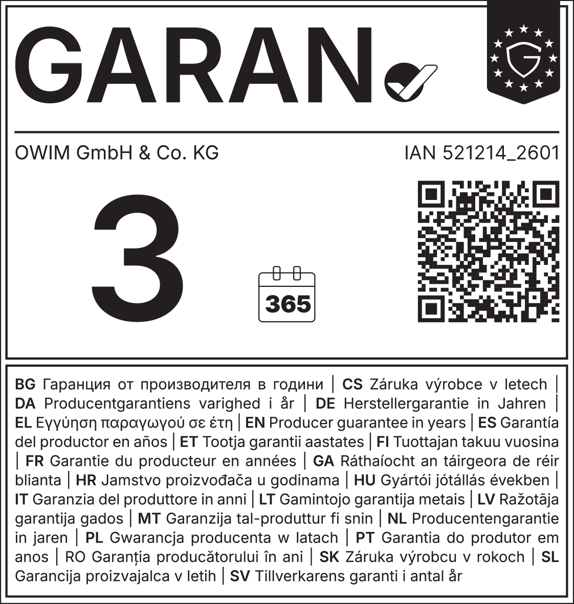 Pečat garancije proizvođača na 3 godine (365 dana), IAN 521214_2601.