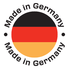 Округли печат « Made in Germany » са бојама немачке заставе.