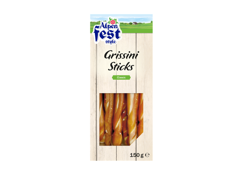 Pakovanje klasičnih grissini štapića sa drvenom pozadinom i zelenim pejzažem.